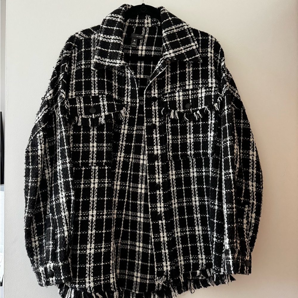 Aqua Black & White Plaid Tweed Shacket